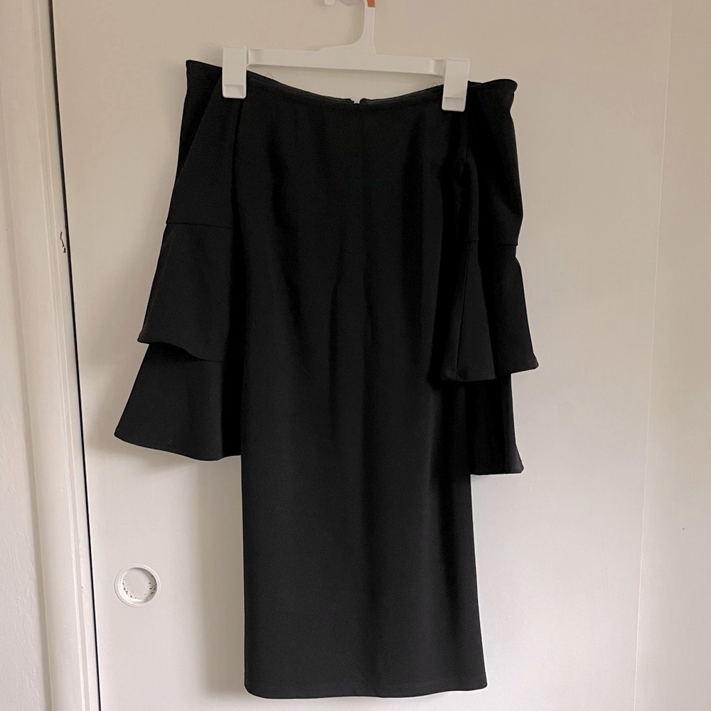 Black cocktail dress. Wore to a work event with black strappy heels and earrings